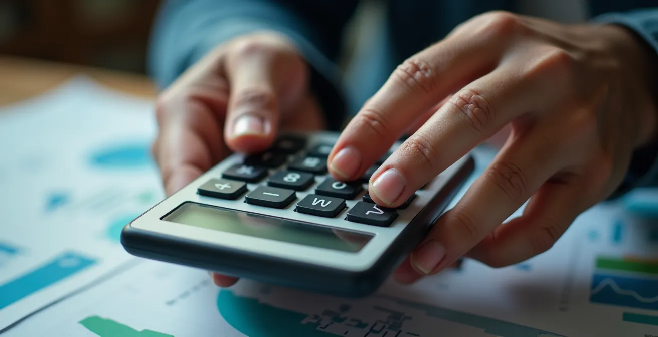 Gros plan sur une main tenant une calculatrice avec des documents financiers flous en arrière-plan