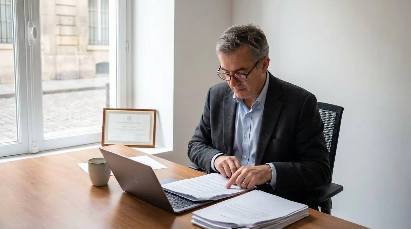 Un trésorier de CSE, assis seul dans un bureau calme, vérifie attentivement des relevés de compte sur son bureau