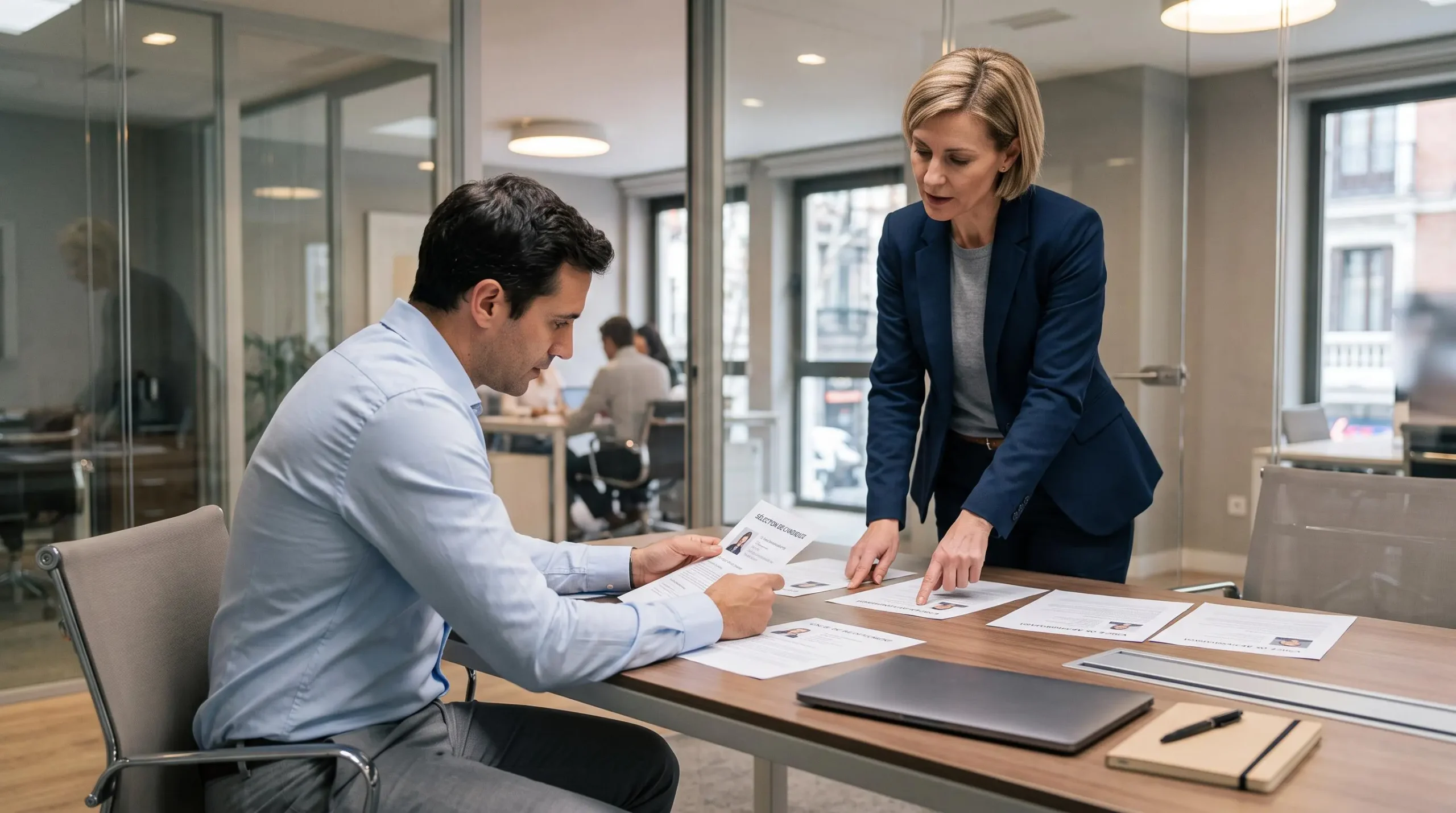 Une consultante en recrutement présente des profils de candidats imprimés à un client lors d'une réunion dans un bureau à Madrid.