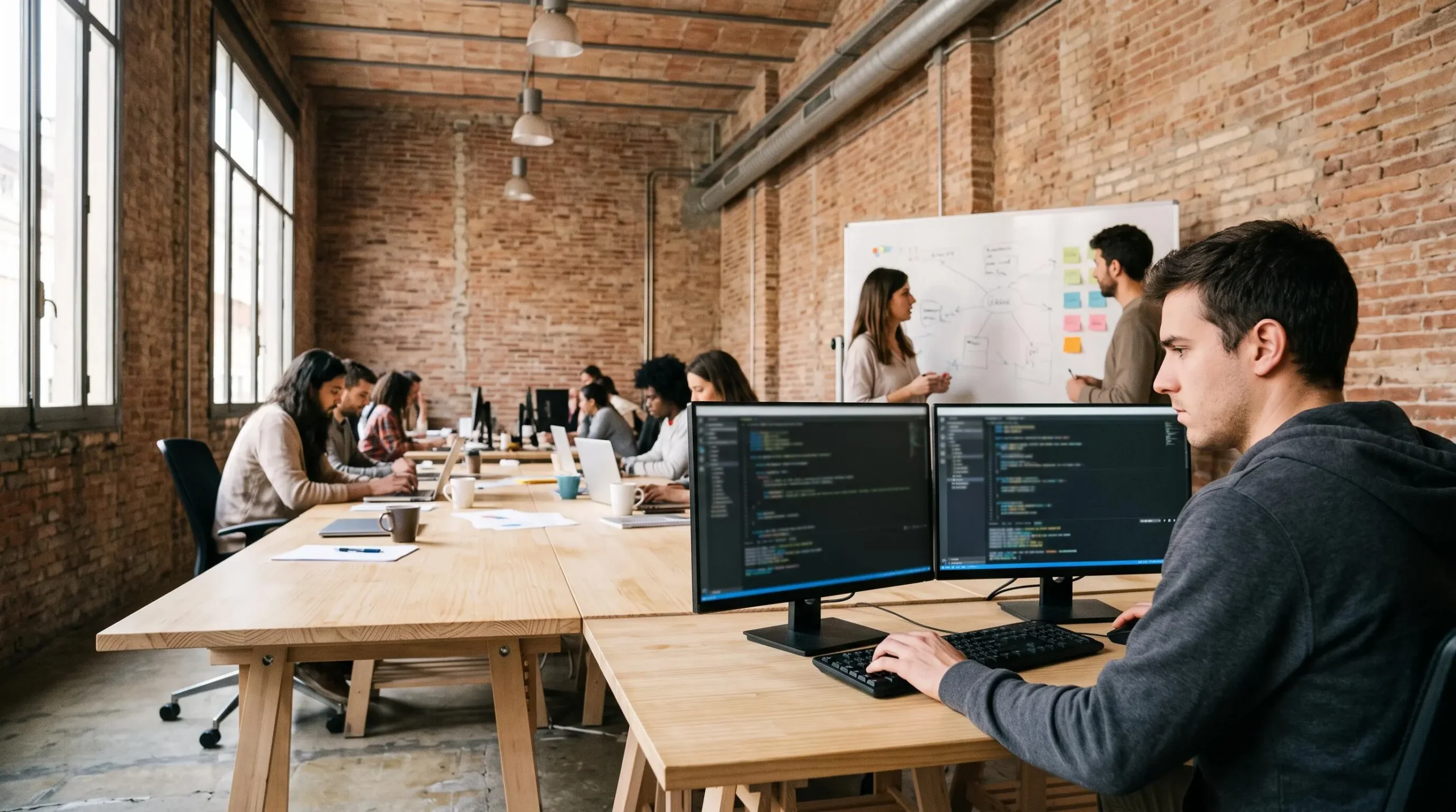 Des développeurs travaillent côte à côte dans un espace de coworking à Barcelone, l'un devant des écrans de code, d'autres devant un tableau blanc.
