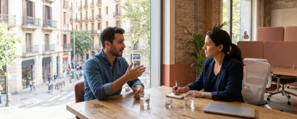 Une recruteuse et un candidat échangent lors d'un entretien d'embauche dans un bureau lumineux à Barcelone.