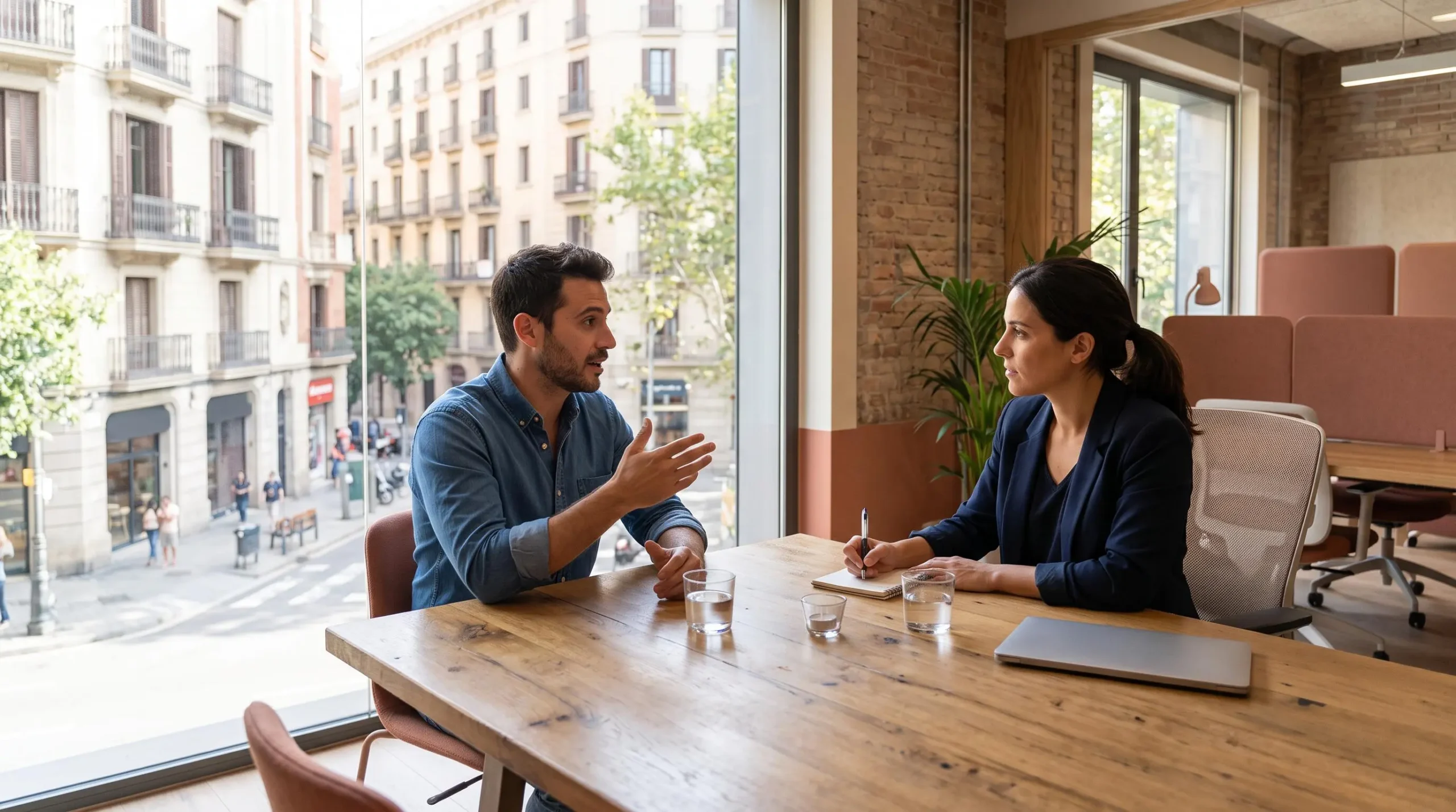 Une recruteuse et un candidat échangent lors d'un entretien d'embauche dans un bureau lumineux à Barcelone.